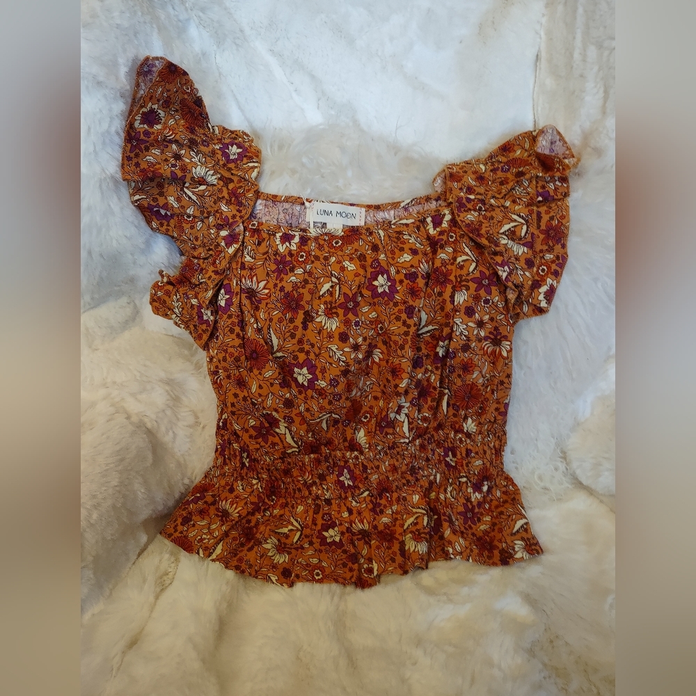 Luna Moon Ladies L Ruffled Summer Top, Fitted Stretch Waist, Fall Colors, Cotton